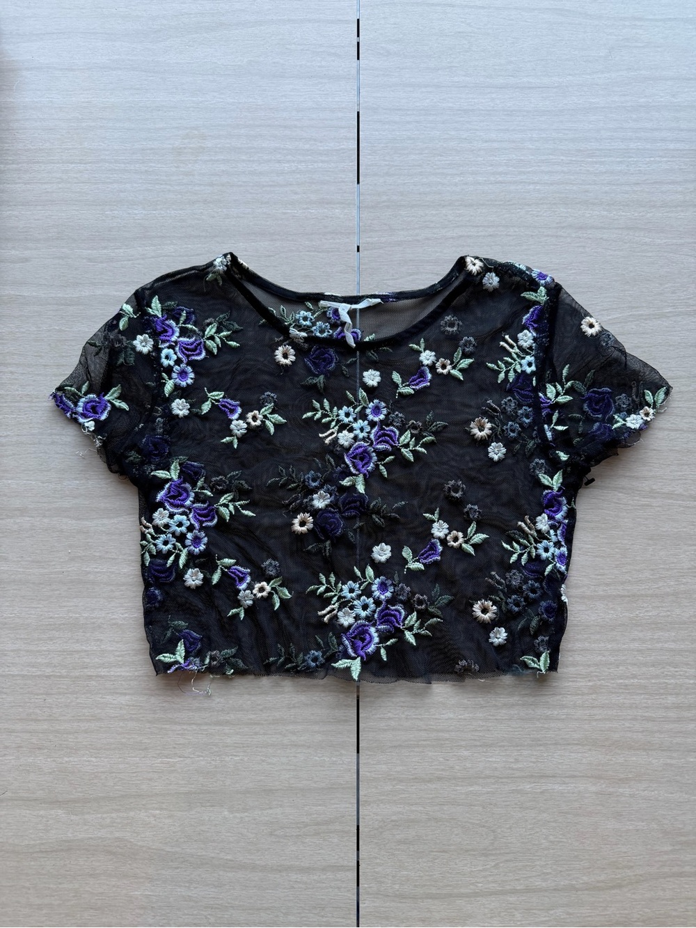 Urban Outfitters Black Sheer Crop Top with Purple & Green Floral Embroidery S